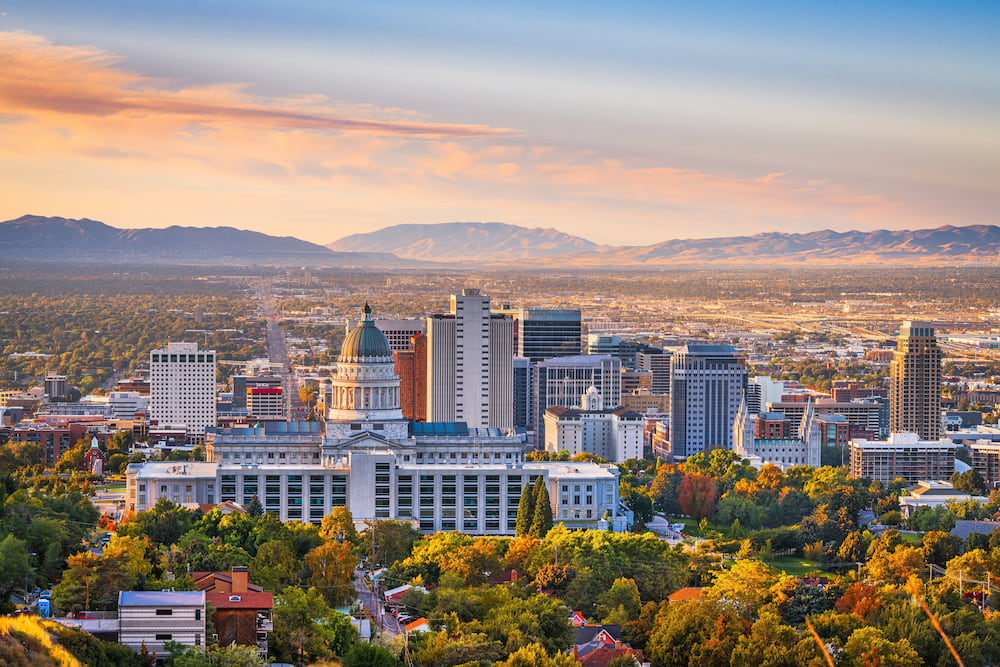 Salt Lake City, Utah, USA downtown city skyline at dawn.